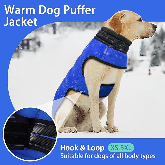 MIGOHI Lightweight Dog Coat, Windproof Dog Jacket, Puffer Jacket for Large Dogs, Padded Vest with Reflective Strips, Warm Snow Vest in Cold Weather, Easy On Hook & Loop Belly, Blue, 3XL