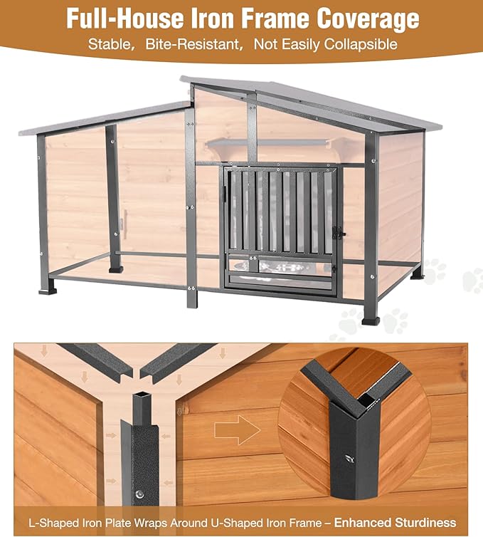 GUTINNEEN Extra Large Heated Dog House Outdoor with Chew-Proof Iron Frame, Waterproof Dog Kennel with Smart Heating Pad, 360° Rotating Feeding Bowl, for Large Dog Breeds