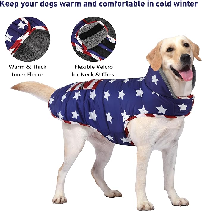 Dog Coat, Waterproof Dog Winter Jacket with Pocket, Reflective Adjustable Pet Snow Vest, Warm Cozy Fleece Sweater for Small Medium Extra Large Dogs - American Flag, L