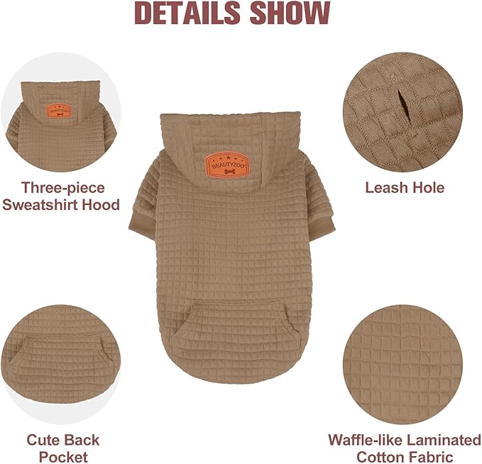 BEAUTYZOO Small Dog Hoodie Sweater with Pockets, Dog Clothes for Small Medium Dogs Boy Girl, Waffle-Like Laminated Cotton Pet Coats with Hat and Leash Hole, Khaki XS