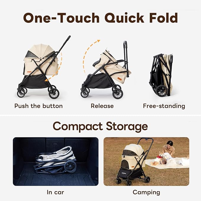 PETTENA Foldable Pet Stroller,4 Wheels Pet Strolling Cart for Small Dogs Cats up to 44 Lbs, Pet Travel Carrier Strolling Cart with Storage Basket, Portable Dog Cat Stroller with Breathable Mesh, Khaki