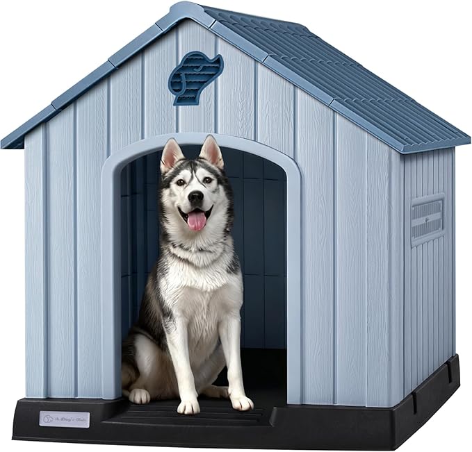 PUKAMI Large Dog House Outdoor Indoor, Plastic Dog House Weatherproof for Large Dogs, Study Puppy Shelter with Air Vents and Elevated Floor, Easy Clean and Assemble (Blue, 36.81"D x 38.7"W x 39.1"H)