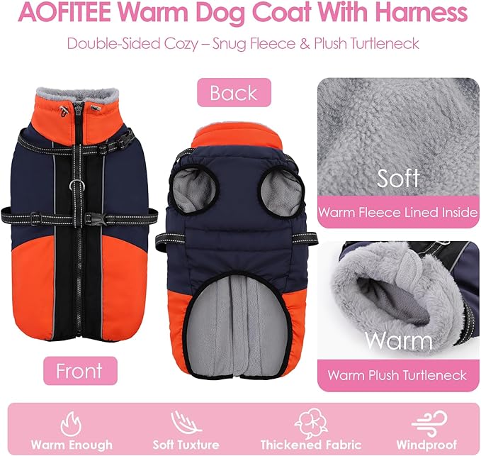 AOFITEE Dog Coat, Windproof Turtleneck Dog Jacket with Built in Harness, Reflective Dogs Jackets with Fleece Lining, Waterproof Pet Winter Coat for Cold Weather for Border Collie, Beagle, Blue XL