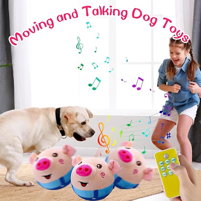 Interactive Dog Ball - Self Moving Plush Pet Toy with Music & Remote Control - Keeps Small/Medium/Large Dogs Busy (Blue Pig)