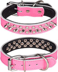 Adjustable Genuine Leather Spiked Studded Dog Collars for Small Medium Large Pets Like Pit Bull Bulldog Pugs Husky (S, Hot Pink)