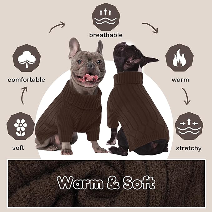 Large Dog Sweater - Turtleneck Thick Warm Doggie Christmas Sweater for Girl Boy Dogs (Brown L)