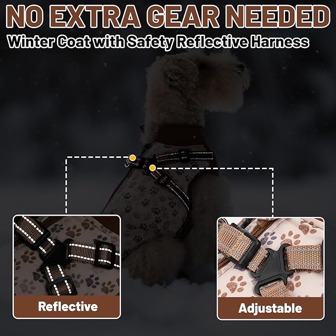 Dog Winter Coat for Small & Medium Dogs (Up to 32lb), Waterproof Dog Coat with Harness, Puppies Windproof Puppy Puffer Jacket, Snowsuit for Dachshund,Frenchie, Corgi (Paw Brown, Large)