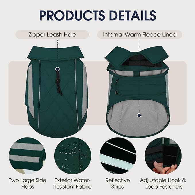 IECOii Dog Coat - Waterproof, Windproof Winter Coats for Light Rain & Snow Cold Weather, Reflective & Adjustable, Warm Fleece Lined, Dachshund, Green, Size M
