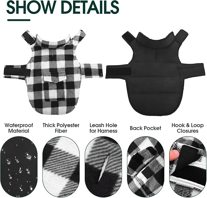 Kuoser Dog Winter Coat, Windproof Dog Fleece Jacket British Style Plaid Cold Weather Doggie Vest Coats, Reversible Cozy Warm Puppy Clothes Pet Apparel for Small Dogs XS