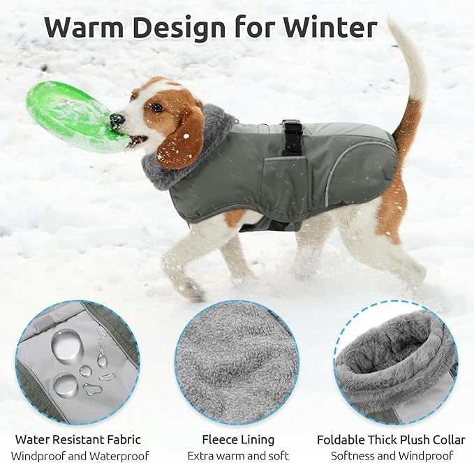 Queenmore Dog Cold Weather Coats, Fleece Collar Pet Apparel for Cold Weather, Dog Snowsuit, Cozy Winter Dogs Jackets Winter with Quick Release, Grey, XXL