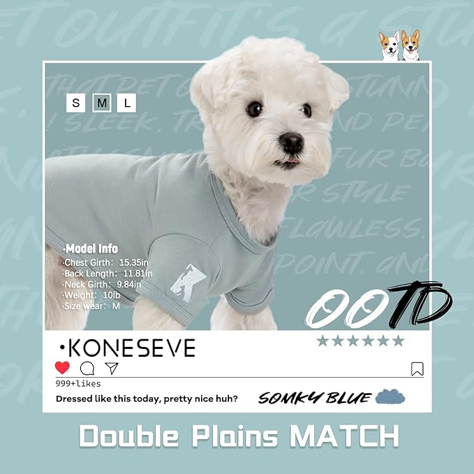 Koneseve Dog Shirt Breathable Cotton Stretchy Clothes for Small Pets 2-Pack Sunny Red & Smoky Blue M