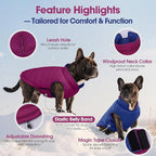 QBLEEV Reversible Dog Winter Coat, Waterproof Windproof Warm Jacket with Adjustable Hook & Loop Design, Lightweight Puffer Vest for Medium Dogs, Purple, M – Fits Pug, Beagle, Corgi