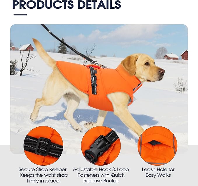 IECOii Dog Jackets for Large Dogs Winter - Reflective, Adjustable & Windproof Winter Coat with Comfortable Fleece Lined Vest for Daily Walk, Running, Ski Trips, Waterproof, Orange, Size 2XL
