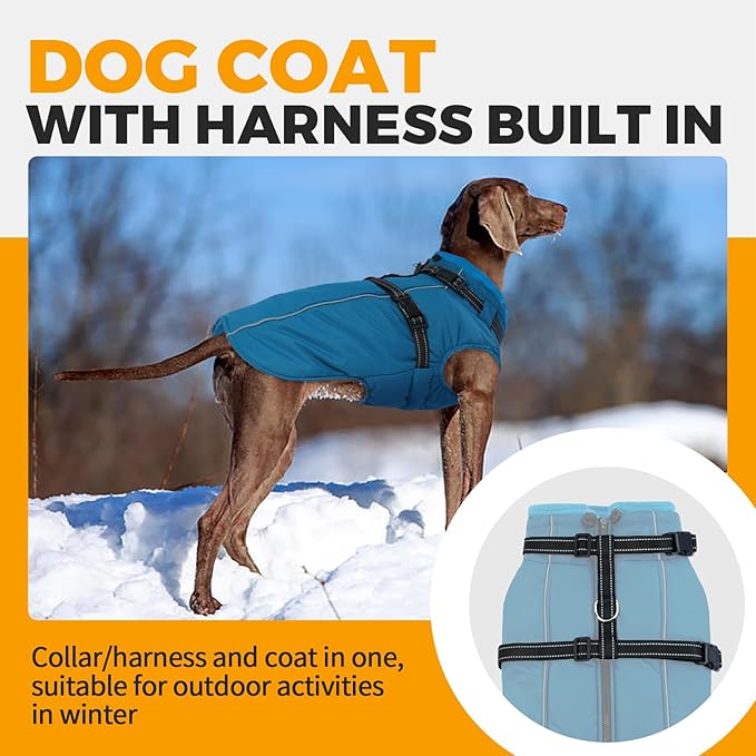 Lelepet Dog Coat for Large Dogs Waterproof Dog Jacket with Harness Built in Reflective Windproof Fleece Jacket with Zip Warm Winter Coats for Dogs Cozy Thermal Pet Snowsuit, Border Collie, Blue, XL