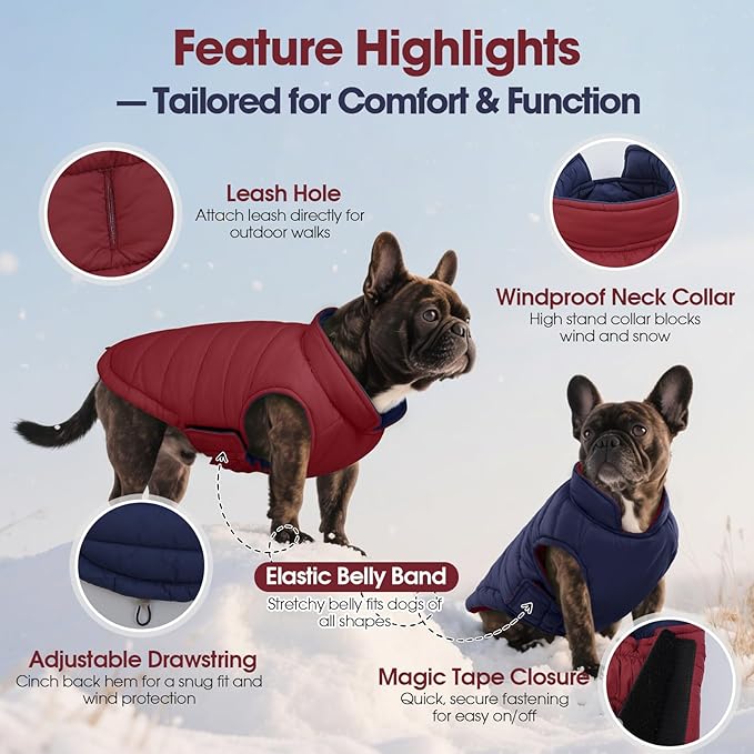 QBLEEV Reversible Dog Coat for Small Dogs, Waterproof Windproof Winter Jacket Keeps Small Breeds Warm & Dry, Lightweight Adjustable Puffer Vest with Leash Hole, Wine Red, XS – Fits Chihuahua, Yorkie