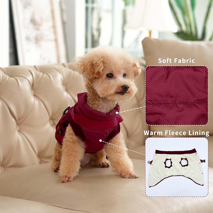 Dog Jacket with Harness,Fleece Lined Warm Puppy Coat for Winter,Soft Windproof Small Dog Vest,Red M
