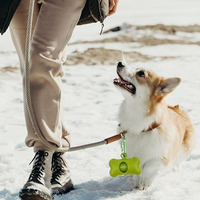 Bone-Shaped Dog Poop Bag Holder for Leash |Dispenser with 15 Leak-Resistant Waste Bags & Carabiner Clip(Green)