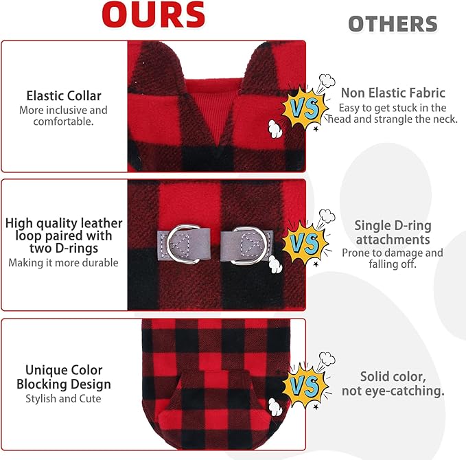 KOOLTAIL Dog Fleece Vest Sweater, Warm Puppy Christmas Jacket with Dual Leash D-Ring and Pocket for Small Medium Dogs, Cozy Soft Pet Winter Cold Weather Coats Fall Clothes Hoodie Boy Girl,Red Plaid M