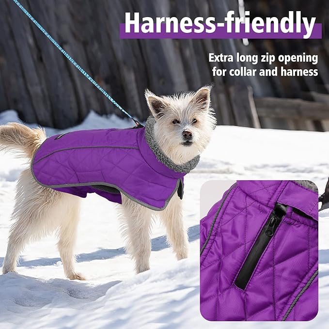 Fragralley Dog Coat Small, Waterproof Dog Jacket with Warm Fleece Lining, Adjustable Reflective Dogs Winter Coat, Turtleneck Pet Coats for Cold Weather (Purple S)