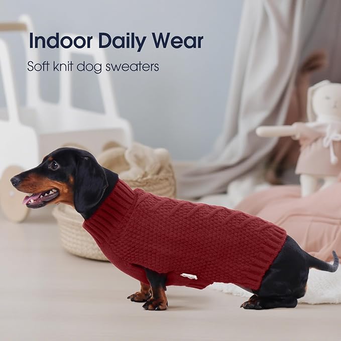 IECOii Thermal Knitted Dog Sweaters - Small Dachshund Sweater for Dogs Girl Boy, Christmas Sweater for Cold Weather, Pug, Wiener Sweaters, DarkRed - M
