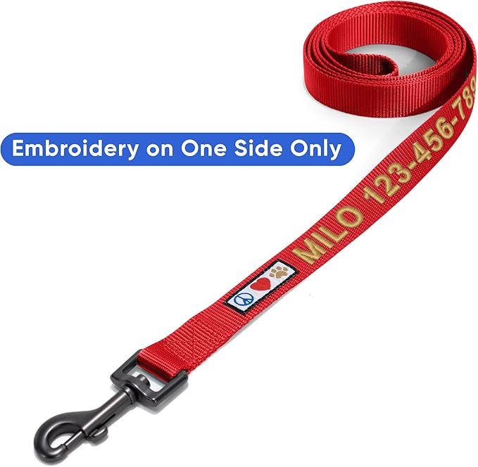 Pawtitas Personalized Dog Leash - Embroidered Custom Leash with Pet Name & Phone Number, 6 ft Long, Red