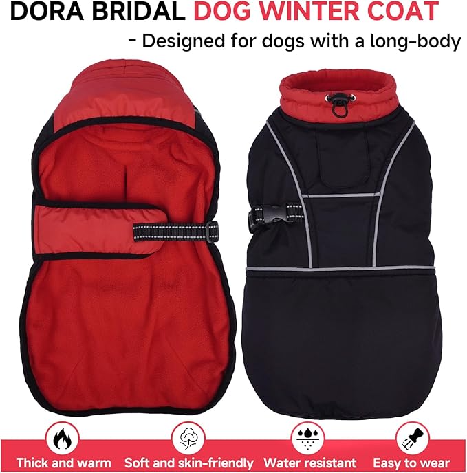 DORA BRIDAL Dachshund Coat, Fleece Lined Dog Winter Coat, Warm Dog Coats with Reflective Strips, Adjustable Waterproof Pet Jacket Clothes, L