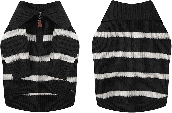 Small Dog Sweater with Zipper, Knitted Striped Pullover Dog Clothes for Cold Weather, Thick Warm Cozy Stretchy Sweater for Chihuahua, Bulldog, Dachshund, Pug(Black & White Strip, XL)