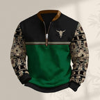 HOTYD Aztec Cowboy Jacket Men Vintage Bullhorn Printed Oversized Western Sweatshirt Long Sleeve Quarter Zip Pullover