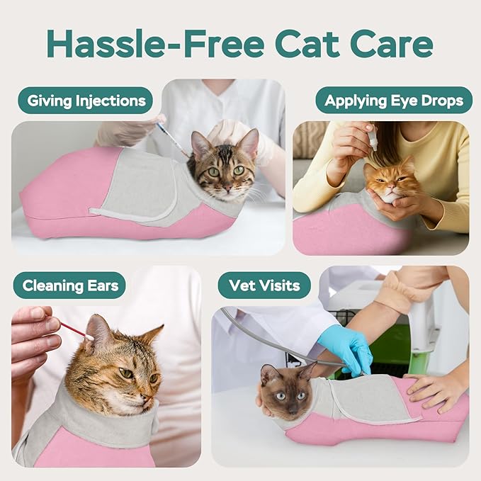 Self-Adhesive Cat Grooming Wrap, Cozy Cat Wrap for Cutting Nails, Breathable Anti-Scratch Cat Swaddle Bag for Brushing, Ear Cleaning, Dental Care, Medication, Injections,Pink L