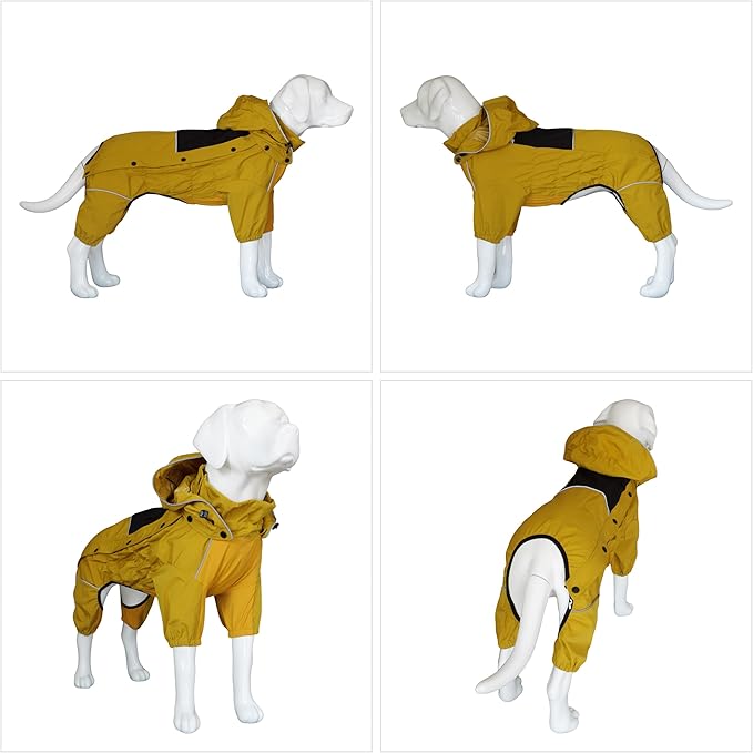LOVELONGLONG Fleece-Lined Dog Raincoat with Removable Hood – Waterproof Winter Full Body Dog Jacket – Windproof Snowproof Cold-Weather Suit – Yellow-F 3XL