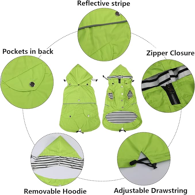 Dog Raincoat Waterproof Raincoats Dog rain Jacket Buttons Zipper Hood Drawstring Suitable for Small Medium Yorkie Terrier Schnauzer Poodle Border Collie Labrador 8lbs to 80lbs Green S