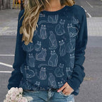 Abstract Cute Cat Shirts for Women Long Sleeve Lady Crewneck Pullover Sweatshirt Fall Winter Oversized Tops