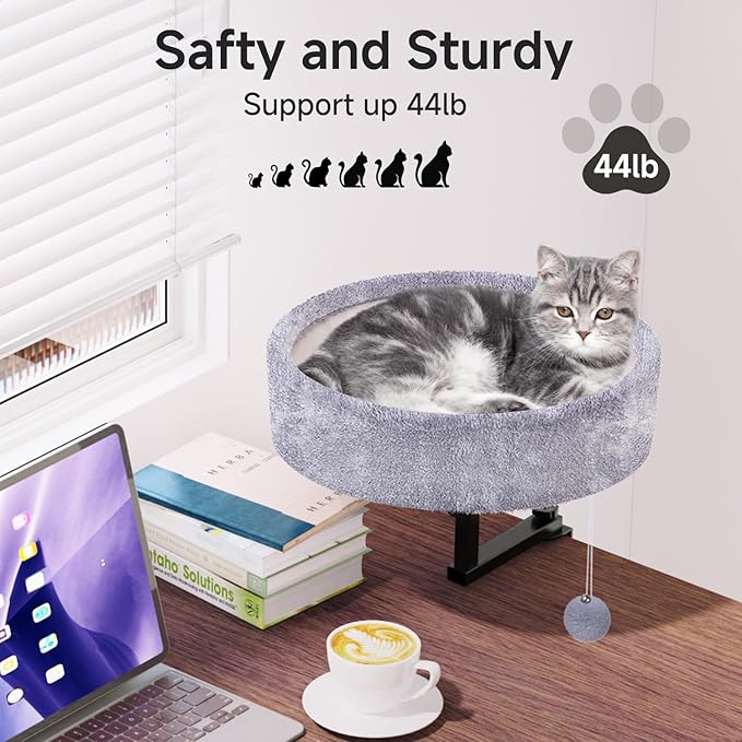 Cat Desk Bed with Heating Pad - 360° Rotating & Adjustable, Supports 44 lbs, Soft Faux Fur with Dual-sided Reversible Mat, Indoor Cat Nest Furniture for Office Desks and Game Tables, Island Table