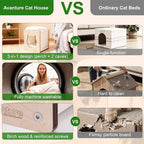 Cat House for Indoor Cats,Wooden Large Cat Bed Cave with 2 Soft Cushion,Warm Cozy Pet Hideaway for Kittens & Big Cats,17.7"x16.9"x19.68" Natural