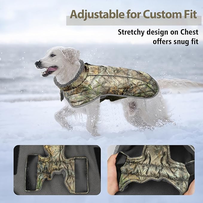 Fragralley Dog Coat Large, Waterproof Dog Jacket with Warm Fleece Lining, Adjustable Reflective Dogs Winter Coat, Turtleneck Pet Coats for Cold Weather (Reed Camouflage XXXL)