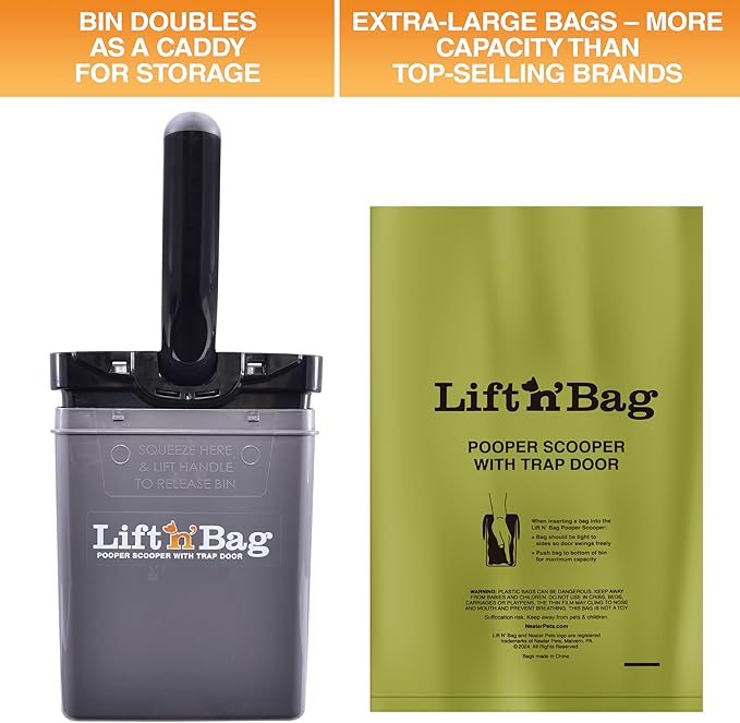 Neater Pet Brands Lift N’ Bag 2.0 Dog Pooper Scooper with Bag Attachment for Small to Large Dogs, New & Improved Design, 195 Refill Bags, Heavy Duty Dog Poop Scooper for Yard & Walks, One-Hand Use