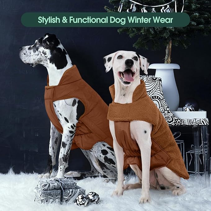 Kuoser Reversible Dog Coat – Warm Fleece & Quilted Waterproof Dog Jacket, Double-Sided Cold Weather Dogs Winter Coat with Harness Hole, Windproof Pet Snow Vest for Small Medium Large Dogs, Brown L