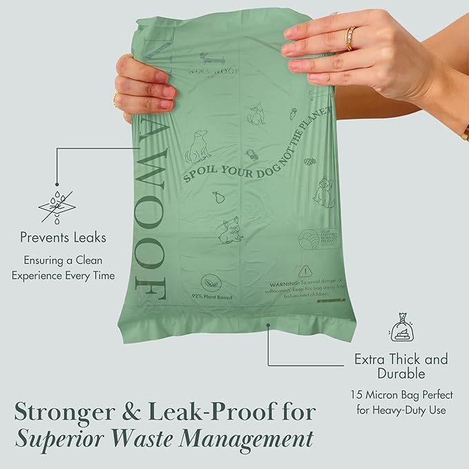 Nina Woof Eco-Friendly 92% Plant-Based Dog Poop Bags Rolls -180 Extra Thick, Durable, Leak-Proof, Odorless, Convenient Disposal - USDA Certified, Heavy-Duty Trash Bags and Garbage Bags