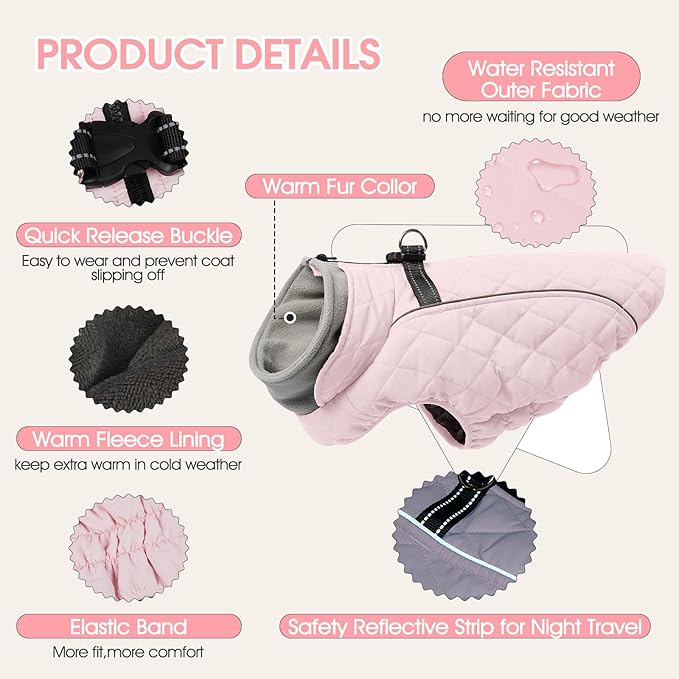 Dog Coat with Harness Built in -Pink,XS- Fleece Lined Dog Snow Jacket Snowsuit，Adjustable Reflective Winter Warm Cold Weather Coat