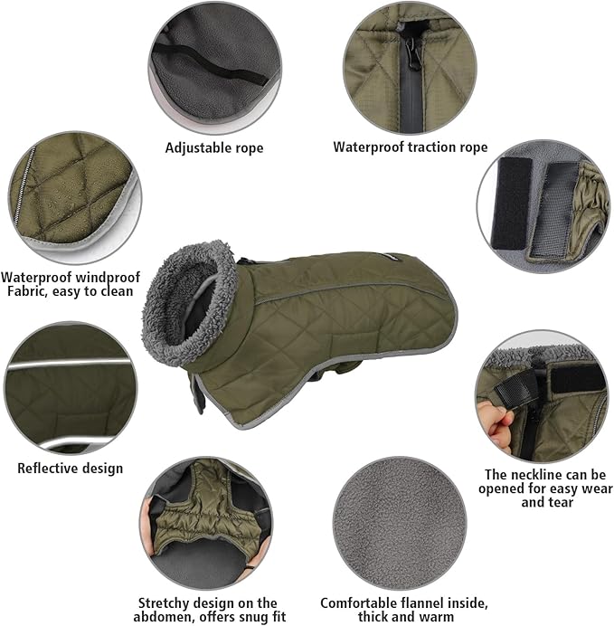 Fragralley Dog Coat Large, Waterproof Dog Jacket with Warm Fleece Lining, Adjustable Reflective Dogs Winter Coat, Turtleneck Pet Coats for Cold Weather (ArmyGreen XL)
