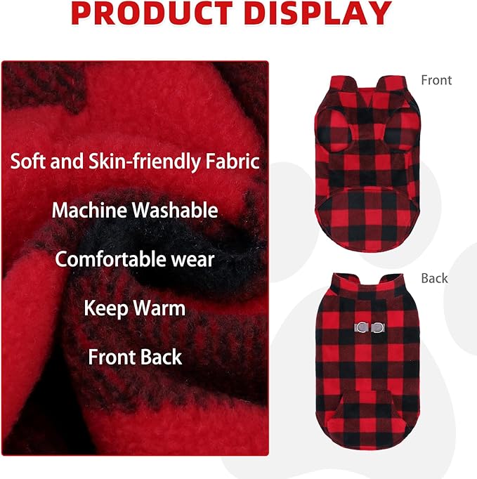 KOOLTAIL Dog Fleece Vest Sweater, Warm Puppy Christmas Jacket with Dual Leash D-Ring and Pocket for Small Medium Dogs, Cozy Soft Pet Winter Cold Weather Coats Fall Clothes Hoodie Boy Girl,Red Plaid M