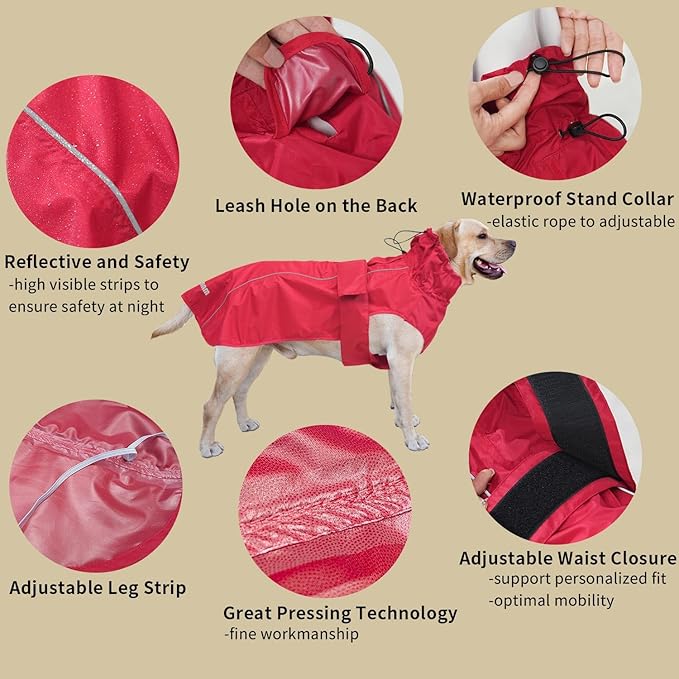 Adjustable Waterproof Dog Raincoat for Dogs,Lightweight Pet Rain Jacket Puppy Clothes with Reflective Strip for Small Medium Large Dogs (Red, Medium)