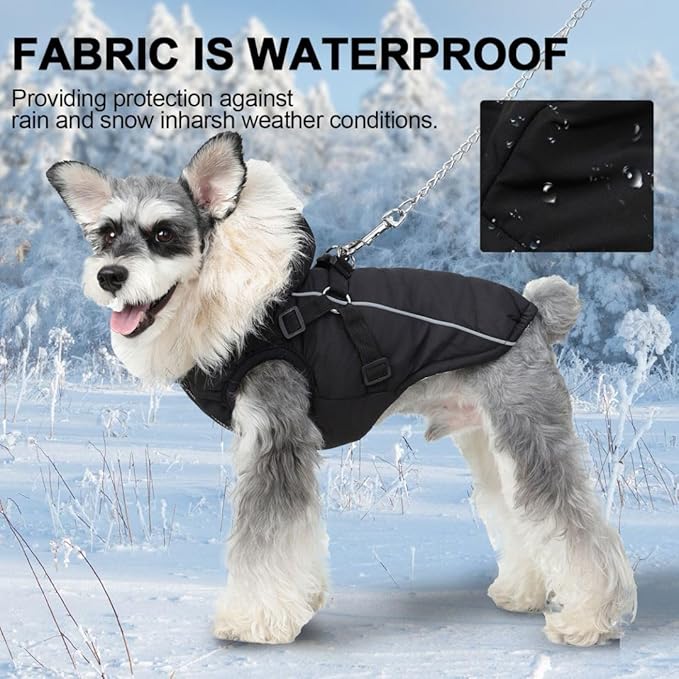 PINA Faux Fur Dog Coat - Warm Winter Jacket with Waterproof Fabric, Reflective Strap for Small to Large Dogs, Black