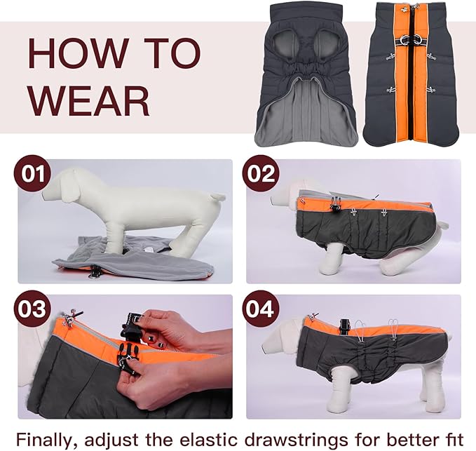 Dog Winter Jacket - XX Large, Warm Zip Up Snowsuit Dog Harness Vest, Reflective, Water-Resistant, Orange-Gray