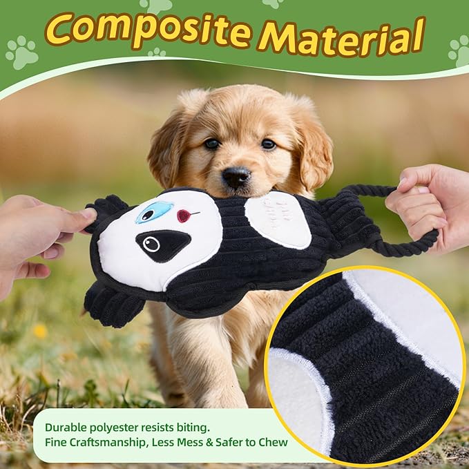 2-Pack Squeaky Dog Toys & Tough Tug of War Set - No Stuffing Chew-Resistant Plush Toys to Keep Them Busy, Best Birthday Gift for Small/Medium/Large Breeds (Panda & Dino)