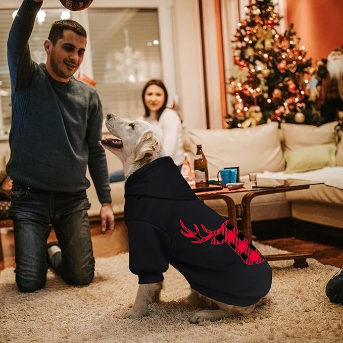 Dog Hoodie Sweater for Dogs Pet Clothes Buffalo Plaid Dog Hooded Sweatshirt Warm and Soft Breathable Cozy(Reindeer&L)