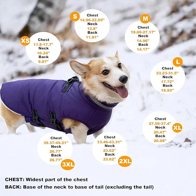 Large Dog Coat with Harness Built-in, Waterproof Reflective Fleece Lined - Warm Windproof Winter Jacket with Back Zipper, Cold Weather Snow Dog Coats - Purple - 2XL
