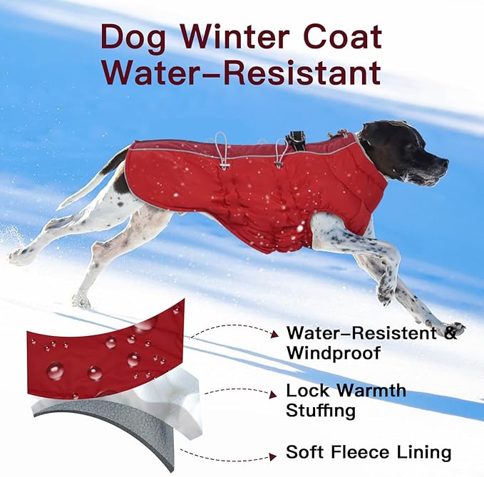 Dog Winter Jacket - Large, Warm Zip Up Snowsuit Dog Harness Vest, Reflective, Water-Resistant, Red