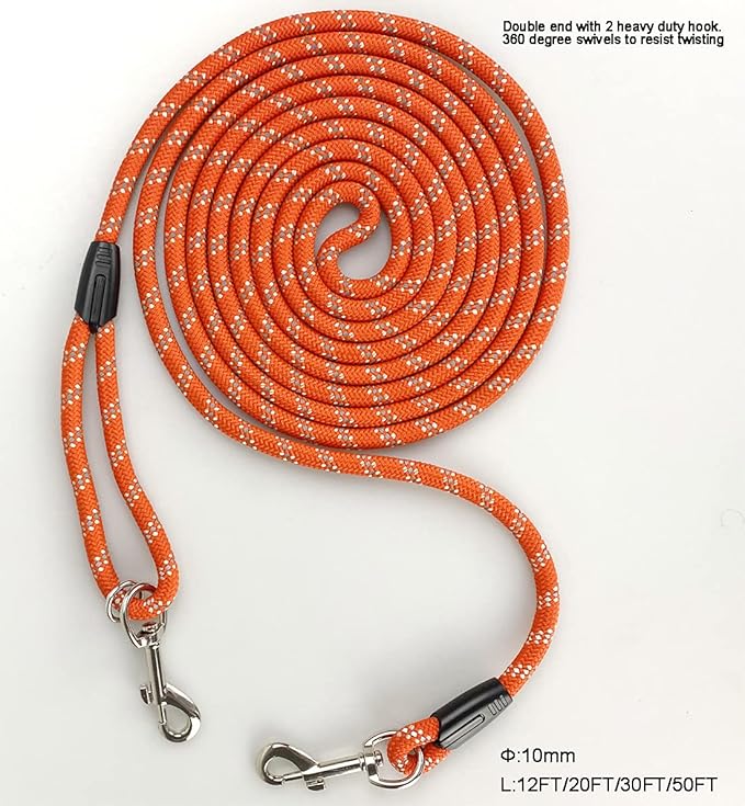 Long Rope Dog Leash for Dog Training 12FT 20FT 30FT 50FT, Reflective Threads Dog Cat Leashes Tie-Out Check Cord Recall Training Agility Lead for Large Medium Small Dogs (Orange, 10mm*12ft)