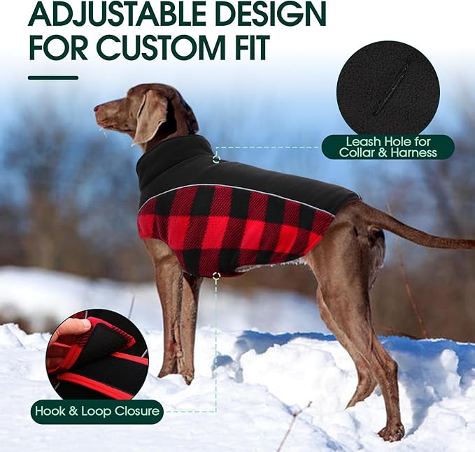 Kuoser Dog Winter Coat, Reversible Waterproof Dog Jacket with Leash Hole, Warm Dogs Fleece Vest Adjustable Doggy Cold Weather Clothes Plaid Christmas Outfit Pet Apparel for Large Dogs, RedBlack L